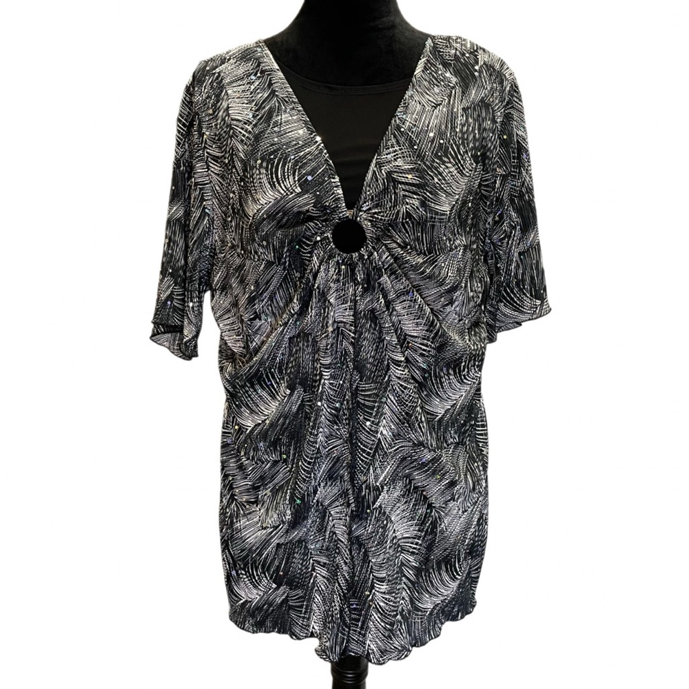 Maggie Barnes Plus 1XL Sequin Pleated Overlay Top Black Silver Glam Grandma Y2K - Picture 7 of 7